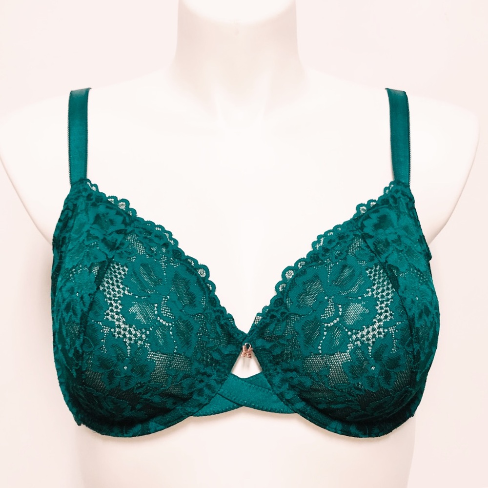 Savage X Fenty Floral Lace Bra 38DD Forest Green Sheer Unlined Underwire